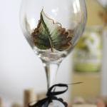 Green Leaf With Gold Trim Painted Wine Glass -..
