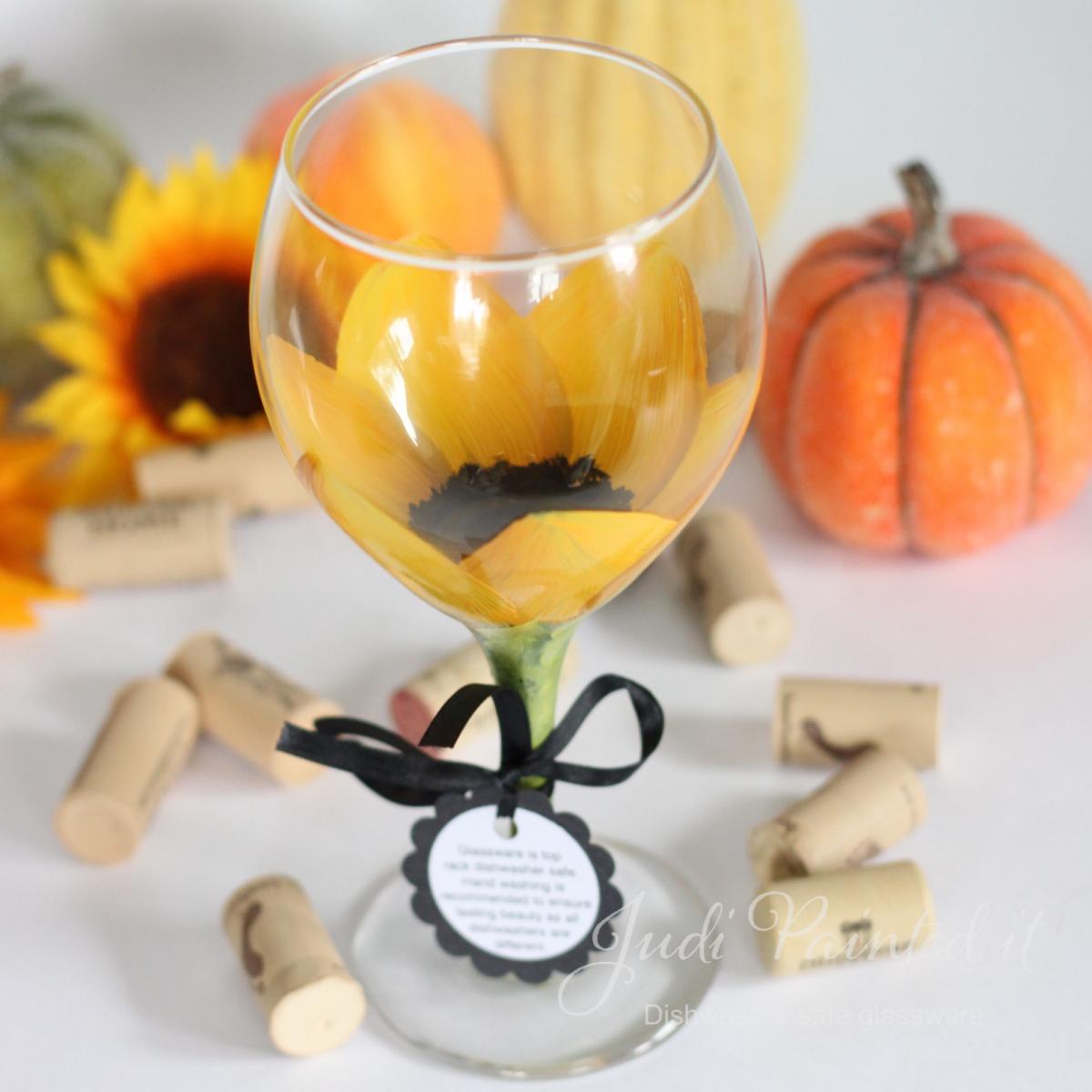 Sunflower Painted Wine Glass That Is Dishwasher Safe