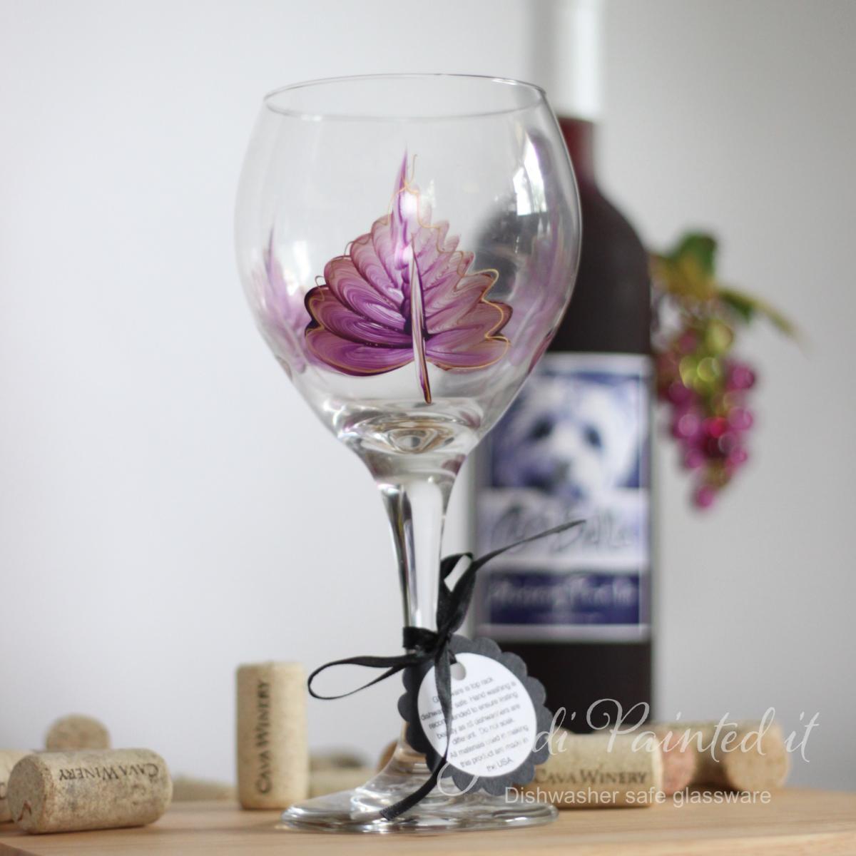 Purple Leaf With Gold Trim Painted Wine Glass - Dishwasher Safe