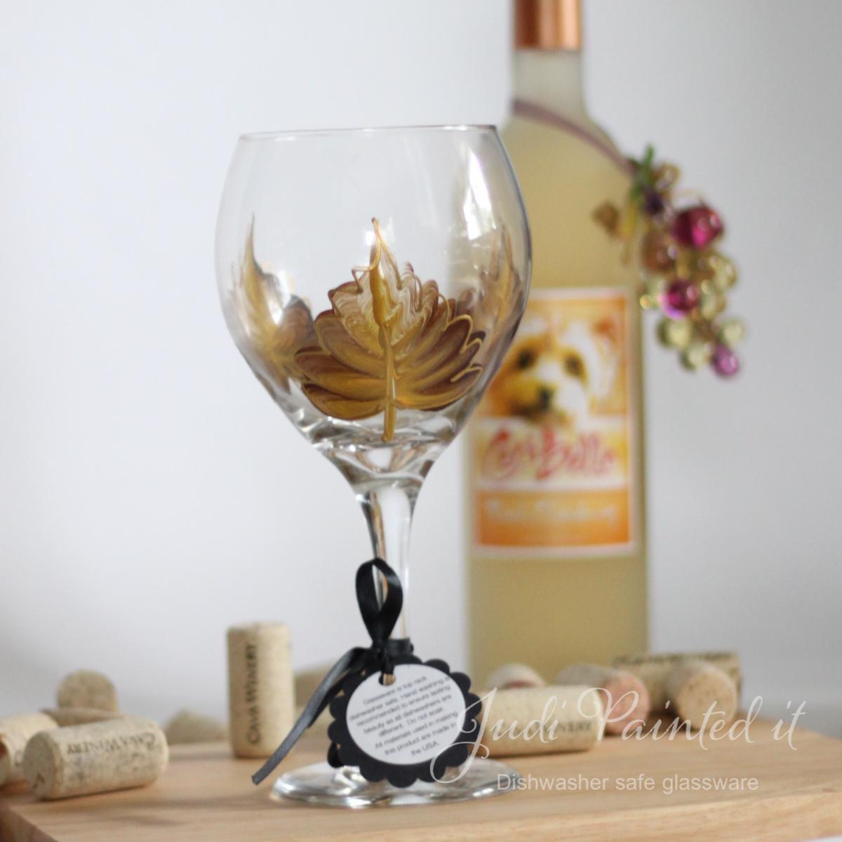 Yellow Leaf With Gold Trim Painted Wine Glass - Dishwasher Safe