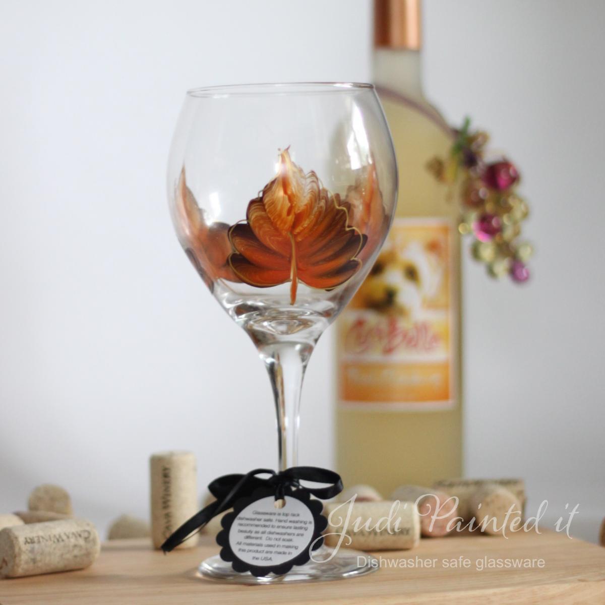 Orange Leaf With Gold Trim Painted Wine Glass - Dishwasher Safe